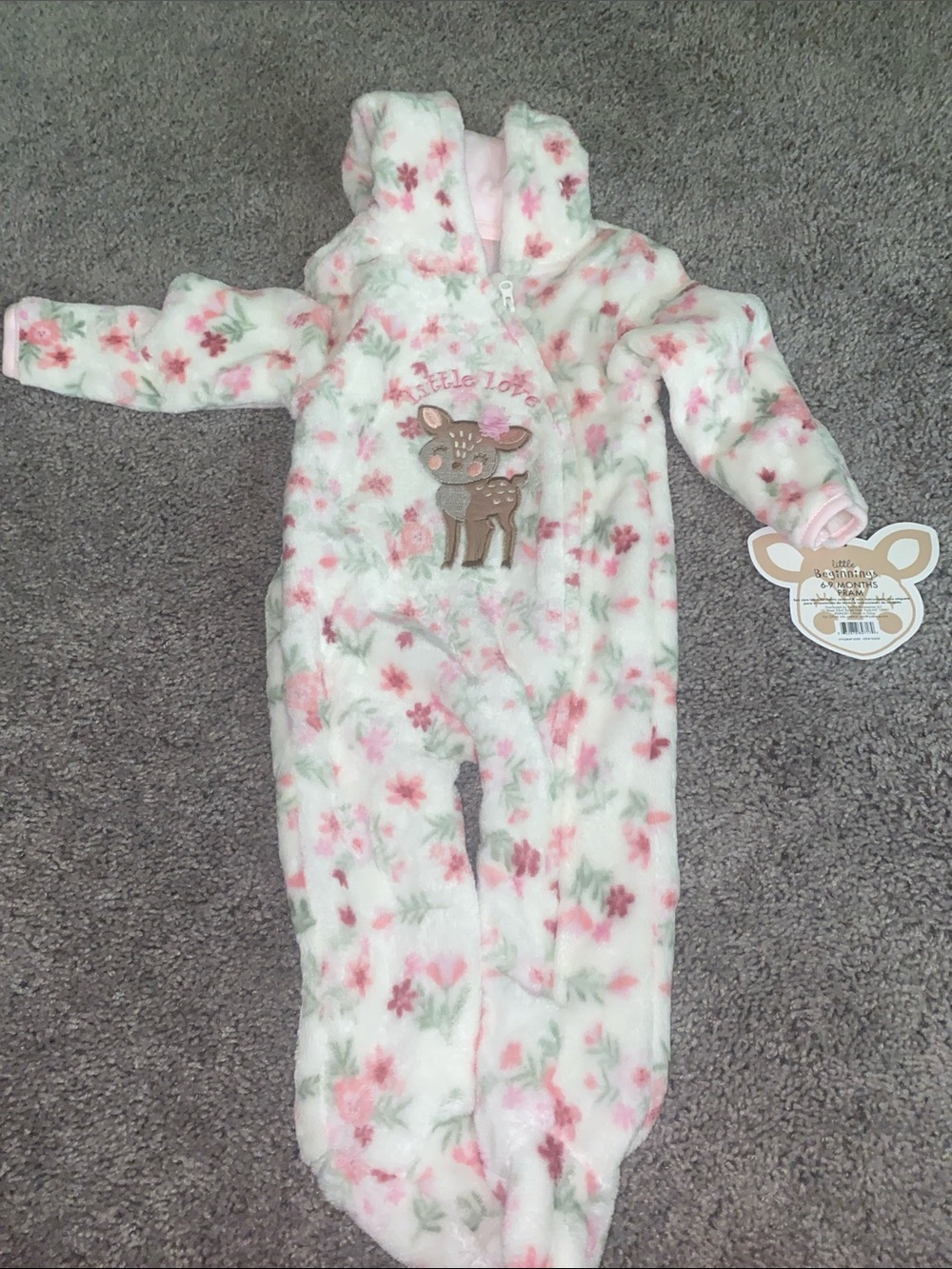 Pink Floral Fleece Baby One-Piece with Deer Applique